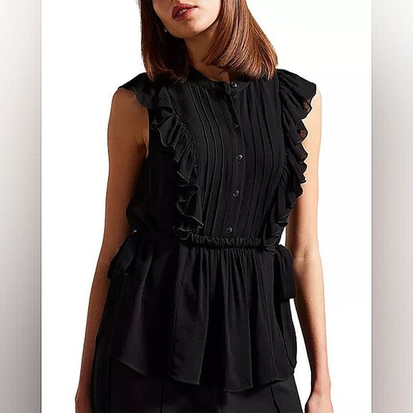 Ted Baker London Black Ruffle Button-Down Blouse - Picture 3 of 6
